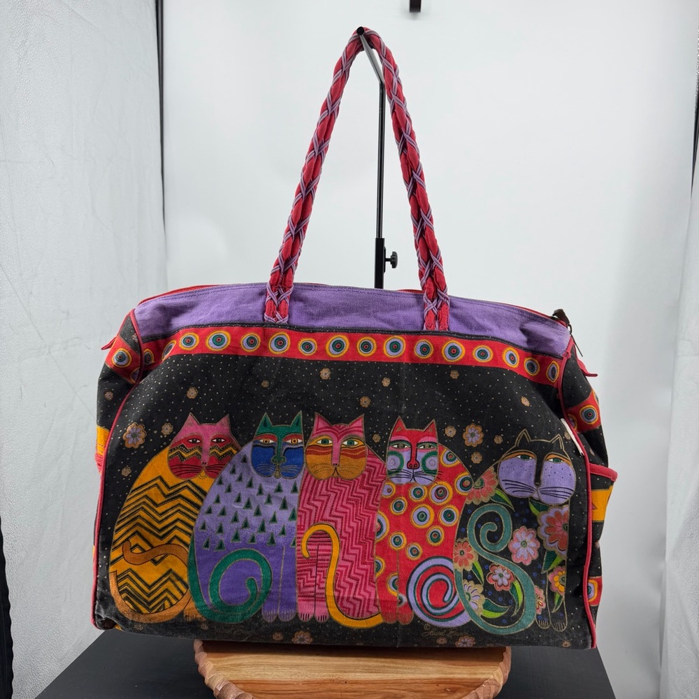 Vintage Laurel Burch Shoulder tote weekend Bag: "Five Cats" Canvas Handbag